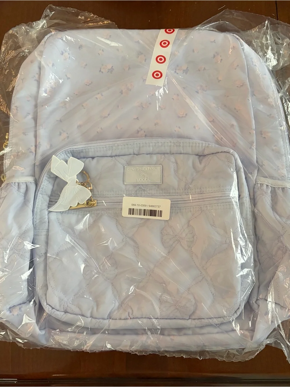 LoveShackFancy Pale Lavender Quilted Kids Backpack with Bow Charm